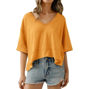 image:imageCicy Bell Womens Oversized Crop TShirts Summer V Neck Short Sleeve Tops Casual Loose Fit Curved Hem Boxy Tee ShirtMustard