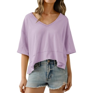 image:imageCicy Bell Womens Oversized Crop TShirts Summer V Neck Short Sleeve Tops Casual Loose Fit Curved Hem Boxy Tee ShirtPurple