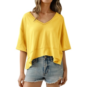 image:imageCicy Bell Womens Oversized Crop TShirts Summer V Neck Short Sleeve Tops Casual Loose Fit Curved Hem Boxy Tee ShirtYellow