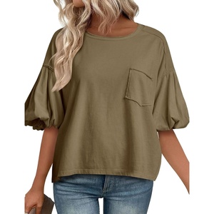 image:imageCicy Bell Womens Puff Sleeve Tops Crew Neck Drop Shoulder Pocket TShirt Summer Casual Tees Loose Fit BlouseCoffee