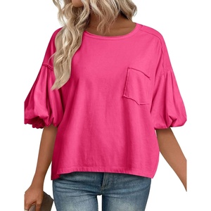 image:imageCicy Bell Womens Puff Sleeve Tops Crew Neck Drop Shoulder Pocket TShirt Summer Casual Tees Loose Fit BlouseRose Red