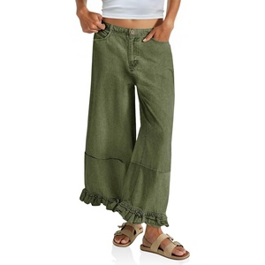 image:imageCicy Bell Womens Ruffle Wide Leg Jeans Cropped Elastic High Waisted Baggy Denim Pants with PocketsArmy Green