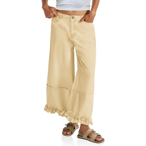 image:imageCicy Bell Womens Ruffle Wide Leg Jeans Cropped Elastic High Waisted Baggy Denim Pants with PocketsBeige
