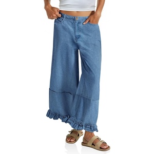 image:imageCicy Bell Womens Ruffle Wide Leg Jeans Cropped Elastic High Waisted Baggy Denim Pants with PocketsCowboy Blue