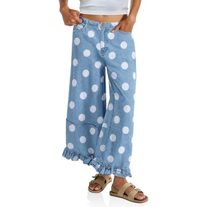 image:imageCicy Bell Womens Ruffle Wide Leg Jeans Cropped Elastic High Waisted Baggy Denim Pants with PocketsRound Color Dots