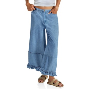 image:imageCicy Bell Womens Ruffle Wide Leg Jeans Cropped Elastic High Waisted Baggy Denim Pants with PocketsSky Blue