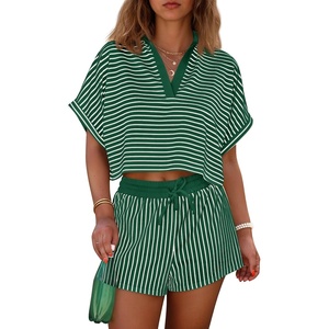 image:imageCicy Bell Womens Striped 2 Piece Short Sets Summer Short Sleeve Collared V Neck Cropped Tops Vacation Casual Lounge OutfitsDark Green