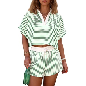 image:imageCicy Bell Womens Striped 2 Piece Short Sets Summer Short Sleeve Collared V Neck Cropped Tops Vacation Casual Lounge OutfitsLight Green