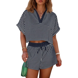 image:imageCicy Bell Womens Striped 2 Piece Short Sets Summer Short Sleeve Collared V Neck Cropped Tops Vacation Casual Lounge OutfitsNavy