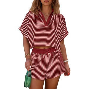 image:imageCicy Bell Womens Striped 2 Piece Short Sets Summer Short Sleeve Collared V Neck Cropped Tops Vacation Casual Lounge OutfitsWine Red