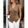 image:imageCicy Bell Summer V Neck Wrap Tank Tops for Women Casual Dressy Ruched Vest Tops Slim Fit Work Metal Buckle Sleeveless ShirtsCoffee