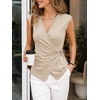 image:imageCicy Bell Summer V Neck Wrap Tank Tops for Women Casual Dressy Ruched Vest Tops Slim Fit Work Metal Buckle Sleeveless ShirtsKhaki