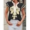 image:imageCicy Bell Womens Ruffle Color Block Blouses Summer Casual V Neck Floral Print Tank Tops Pleated Loose Fit ShirtsBlack