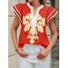 image:imageCicy Bell Womens Ruffle Color Block Blouses Summer Casual V Neck Floral Print Tank Tops Pleated Loose Fit ShirtsOrange Red