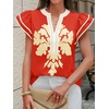 image:imageCicy Bell Womens Ruffle Color Block Blouses Summer Casual V Neck Floral Print Tank Tops Pleated Loose Fit ShirtsOrange Red