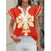 image:imageCicy Bell Womens Ruffle Color Block Blouses Summer Casual V Neck Floral Print Tank Tops Pleated Loose Fit ShirtsOrange Red