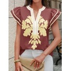image:imageCicy Bell Womens Ruffle Color Block Blouses Summer Casual V Neck Floral Print Tank Tops Pleated Loose Fit ShirtsWine Red