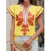 image:imageCicy Bell Womens Ruffle Color Block Blouses Summer Casual V Neck Floral Print Tank Tops Pleated Loose Fit ShirtsYellow