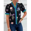 image:imageCicy Bell Womens Summer Floral Print Tops Casual Puff Short Sleeve Ruffle V Neck Button Down Shirts Patchwork Boho BlousesBlack