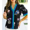 image:imageCicy Bell Womens Summer Floral Print Tops Casual Puff Short Sleeve Ruffle V Neck Button Down Shirts Patchwork Boho BlousesBlack