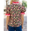 image:imageCicy Bell Womens Summer Floral Print Tops Casual Puff Short Sleeve Ruffle V Neck Button Down Shirts Patchwork Boho BlousesBlack Pink