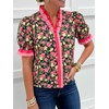 image:imageCicy Bell Womens Summer Floral Print Tops Casual Puff Short Sleeve Ruffle V Neck Button Down Shirts Patchwork Boho BlousesBlack Pink