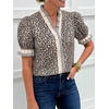 image:imageCicy Bell Womens Summer Floral Print Tops Casual Puff Short Sleeve Ruffle V Neck Button Down Shirts Patchwork Boho BlousesCute Leopard