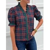 image:imageCicy Bell Womens Summer Floral Print Tops Casual Puff Short Sleeve Ruffle V Neck Button Down Shirts Patchwork Boho BlousesDark Blue
