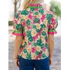 image:imageCicy Bell Womens Summer Floral Print Tops Casual Puff Short Sleeve Ruffle V Neck Button Down Shirts Patchwork Boho BlousesGreen