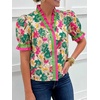 image:imageCicy Bell Womens Summer Floral Print Tops Casual Puff Short Sleeve Ruffle V Neck Button Down Shirts Patchwork Boho BlousesGreen