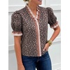 image:imageCicy Bell Womens Summer Floral Print Tops Casual Puff Short Sleeve Ruffle V Neck Button Down Shirts Patchwork Boho BlousesLeopard Brown