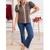 image:imageCicy Bell Womens Summer Floral Print Tops Casual Puff Short Sleeve Ruffle V Neck Button Down Shirts Patchwork Boho BlousesLeopard Brown