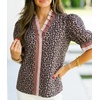 image:imageCicy Bell Womens Summer Floral Print Tops Casual Puff Short Sleeve Ruffle V Neck Button Down Shirts Patchwork Boho BlousesLeopard Brown