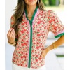image:imageCicy Bell Womens Summer Floral Print Tops Casual Puff Short Sleeve Ruffle V Neck Button Down Shirts Patchwork Boho BlousesLight Pink