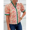 image:imageCicy Bell Womens Summer Floral Print Tops Casual Puff Short Sleeve Ruffle V Neck Button Down Shirts Patchwork Boho BlousesLight Pink