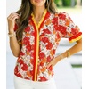 image:imageCicy Bell Womens Summer Floral Print Tops Casual Puff Short Sleeve Ruffle V Neck Button Down Shirts Patchwork Boho BlousesOrange