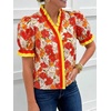 image:imageCicy Bell Womens Summer Floral Print Tops Casual Puff Short Sleeve Ruffle V Neck Button Down Shirts Patchwork Boho BlousesOrange