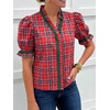 image:imageCicy Bell Womens Summer Floral Print Tops Casual Puff Short Sleeve Ruffle V Neck Button Down Shirts Patchwork Boho BlousesRed