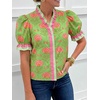 image:imageCicy Bell Womens Summer Floral Print Tops Casual Puff Short Sleeve Ruffle V Neck Button Down Shirts Patchwork Boho BlousesYellowgreen