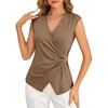 image:imageCicy Bell Summer V Neck Wrap Tank Tops for Women Casual Dressy Ruched Vest Tops Slim Fit Work Metal Buckle Sleeveless ShirtsCoffee
