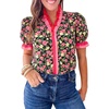 image:imageCicy Bell Womens Summer Floral Print Tops Casual Puff Short Sleeve Ruffle V Neck Button Down Shirts Patchwork Boho BlousesBlack Pink