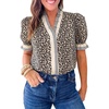 image:imageCicy Bell Womens Summer Floral Print Tops Casual Puff Short Sleeve Ruffle V Neck Button Down Shirts Patchwork Boho BlousesCute Leopard
