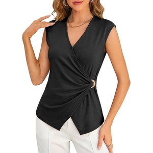 image:imageCicy Bell Summer V Neck Wrap Tank Tops for Women Casual Dressy Ruched Vest Tops Slim Fit Work Metal Buckle Sleeveless ShirtsBlack