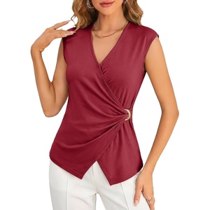 image:imageCicy Bell Summer V Neck Wrap Tank Tops for Women Casual Dressy Ruched Vest Tops Slim Fit Work Metal Buckle Sleeveless ShirtsBurgundy