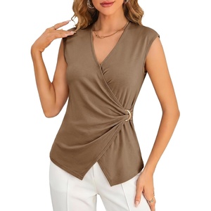 image:imageCicy Bell Summer V Neck Wrap Tank Tops for Women Casual Dressy Ruched Vest Tops Slim Fit Work Metal Buckle Sleeveless ShirtsCoffee