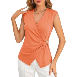 image:imageCicy Bell Summer V Neck Wrap Tank Tops for Women Casual Dressy Ruched Vest Tops Slim Fit Work Metal Buckle Sleeveless ShirtsGrayish Orange