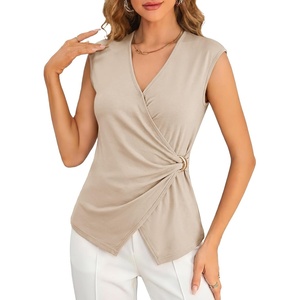 image:imageCicy Bell Summer V Neck Wrap Tank Tops for Women Casual Dressy Ruched Vest Tops Slim Fit Work Metal Buckle Sleeveless ShirtsKhaki