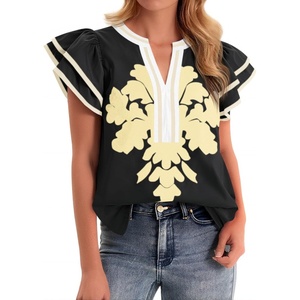 image:imageCicy Bell Womens Ruffle Color Block Blouses Summer Casual V Neck Floral Print Tank Tops Pleated Loose Fit ShirtsBlack