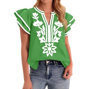 image:imageCicy Bell Womens Ruffle Color Block Blouses Summer Casual V Neck Floral Print Tank Tops Pleated Loose Fit ShirtsCute Green
