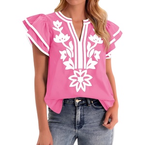 image:imageCicy Bell Womens Ruffle Color Block Blouses Summer Casual V Neck Floral Print Tank Tops Pleated Loose Fit ShirtsCute Pink